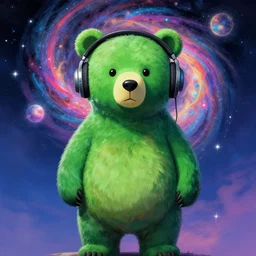 a green humanoid bear with headphones looking in front of the camera by inio asano, beeple and james jean, aya takano color style, 4 k, super detailed, night sky, digital art, digital painting, celestial, majestic, colorful, front