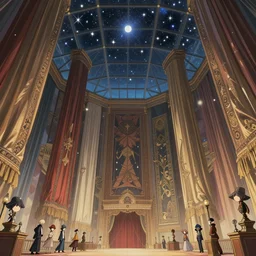 polygonal circus with giant walls and glass ceilings showing the stars and hanging silk drapery and tapestries, light dust, magnificent, close up, details, sharp focus, elegant, highly detailed, illustration, by Jordan Grimmer and greg rutkowski and PiNe(パイネ) and 薯子Imoko and 香川悠作 and wlop and maya takamura, intricate, beautiful, Trending artstation, pixiv, digital Art