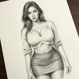 a realistic pencil drawing of the most attractive woman on earth, extremely pronounced feminine features, midriff, loose belly shirt, miniskirt, higheels, low dutch angle, face in focus, natural lighting, realism, large feminine body parts, fff cup