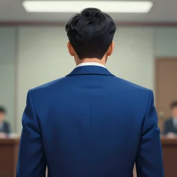 cinematic view from behind a dead by daylight killer lawyer wearing a blue business suit, character portrait, digital art