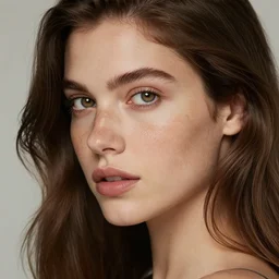 sharp eyed beautiful brunette woman with freckles looking at me, photo realistic, highly detailed, 8k, concept art