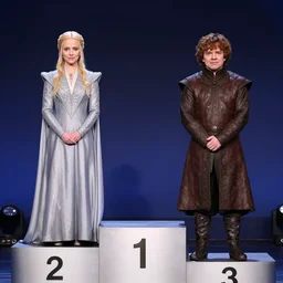 family feud faceoff podium, cersei lannister is on the left side, tyrion lannister is on the right side and is too short to reach the podium, set photo, wide angle