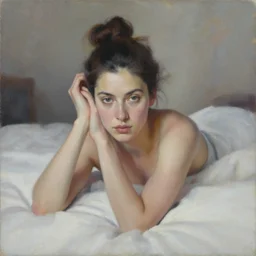 beautiful portrait painting of a woman with a bun posing in an artistic pose over a bed, by jeremy mann, only one head single portrait