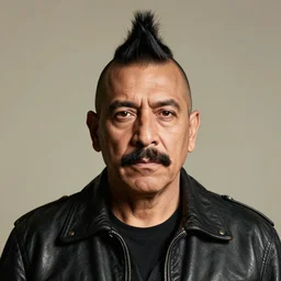 front medium portrait of a middle - aged mexican man with a mohawk haircut, moustache, wearing a leather jacket, blank background, rembrandt lighting, by kehinde wiley, kadir nelson, norman rockwell