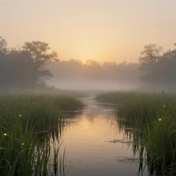 misty swamp in early morning, hazy fog, sundown golden hour firefly wisps, Lilia Alvarado, Sophie Anderson, Mark Arian, Bob Byerley, Charlie Bowater, Mark Brooks, Steve Henderson, Justin Gerard, Arthur Hughes, Edward Robert Hughes, Mark Keathley, Victor Nizovtsev, Carlos Shwabe, Ross Tran, WLOP