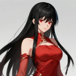 a highly detailed illustration of beautiful black long hime cut hair woman wearing a red battle dress, red eyes, dramatic smile pose, intricate, elegant, highly detailed, centered, digital painting, artstation, concept art, smooth, sharp focus, league of legends concept art, WLOP