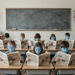 a very boring day in school, kids wearing identical clothes reading newspapers, all faced away, painting by quint buchholz and ray caesar, muted colors, gray, dull, boring, low energy, pale blue faces, very detailed