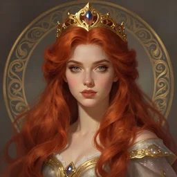 beautiful female princess with a golden tiara on her head, portrait shot, long red hair, d & d, fantasy, intricate, elegant, highly detailed, digital painting, artstation, concept art, matte, sharp focus, illustration, hearthstone, art by artgerm and greg rutkowski and alphonse mucha