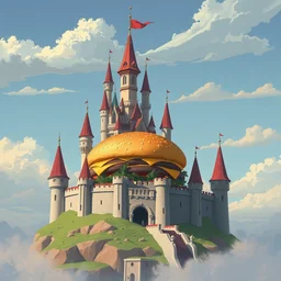 a castle with a ginormous cheeseburger on top, digital art