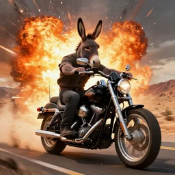 anthropomorphic donkey biker with human characteristics, riding a harley - davidson motorcycle, on a desert highway, digital art, epic composition, fantasy, explosion of color, orange and black, highly detailed, in the style of jake parker, in the style of conrad roset, sharp focus