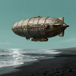 A giant steampunk airship flying across a deserted black beach, the water is murky and silver, and the sky is teal, very detailed concept art, matte painting, digital art, concept art, realistic beautiful, trending on Artstation, Greg Rutkowski