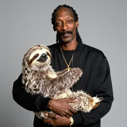 Snoop Dogg holding a Sloth for a 1990s sitcom tv show, Studio Photograph, portrait, C 12.0