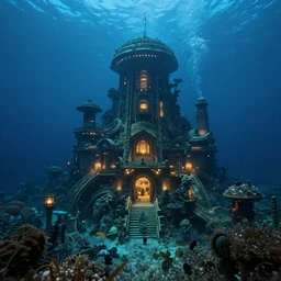 hyper realistic, high detail photo of city of atlantis, underwater, lights on buildings, beautiful, dreary lighting
