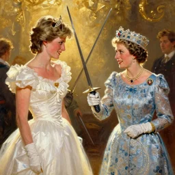 painting of Princess Diana swordfighting Queen Elizabeth II, fantasy, epic, golden hour