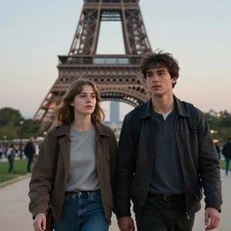 a cinematic extreme close - up of a young couple walking in the park, eiffel tower in the background, evening, highly detailed matte painting, telephoto lens 2 0 0 mm, by stanley artgerm lau, greg rutkowski, thomas kinkade, alphonse mucha, loish, norman rockwell, artstation
