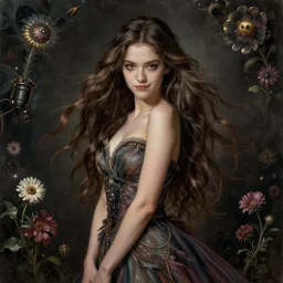 portrait of a young female wizard in flowing sensual dress, arrogant, long fine flowing hair, delicate, looking at camera, slight nerdy awkward smile, realistic face, stylish, elegant, grimdark fantasy, flowers, extremely detailed painting inspired by Gerald Brom and Ernst Haeckel and Victor Nizovtsev, studio lighting