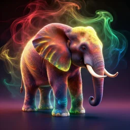 8K UHD Houdini render of ifs fractal elephant, background bioluminescent swirling wisps, red yellow green blue smoke gradient palette, volumetric lighting, 18 mm lens