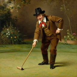 columbo playing croquet in the garden, happy expression, smiling, holding a croquet mallet, rule of thirds, golden ratio, oil on canvas, highly detailed, warm color scheme, soft lighting, sharp focus, adelaide labille - guiard, artemisia gentileschi