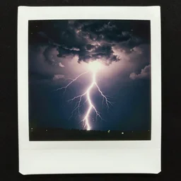 analog polaroid of dark thunderclouds, bright lightning