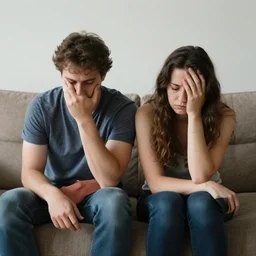 a sad couple on a couch