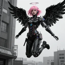 黒 い 天 使, cyberpunk robot girl pink hair, jump from a building, tears from the eyes, wearing cyberpunk intricate streetwear, beautiful, detailed portrait, intricate complexity, by greg rutkowski, norman rockwell.