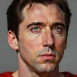 portrait of nicolas cage as superman looking away from the camera, detailed eyes, sparkle in eyes, no hands visible, intricate, extremely detailed digital painting by greg rutkowski and mark brooks, hd, artstation