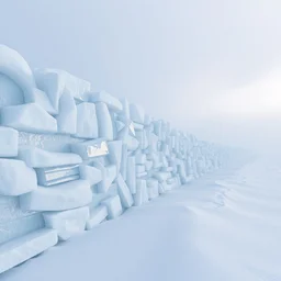 a wall made of stacked ice in distance snowstorm ， high quality, octane render ， icey tundra, snowy landscape
