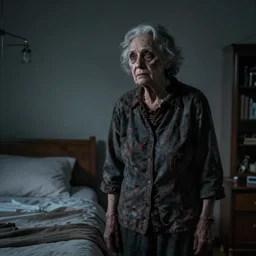 an old woman standing by my bed at night, photorealistic horror, ultra realistic, dark gloomy, 4 k resolution