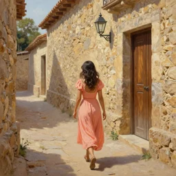 A photograph of a Colombian woman in a peach dress, walking away from camera, down a narrow sandstone alley with rough-hewn sandstone building either side, and a varnished wooden door on the right. Ahead is a lantern, attached to the right wall. Late afternoon on a sunny day. Detailed oil painting