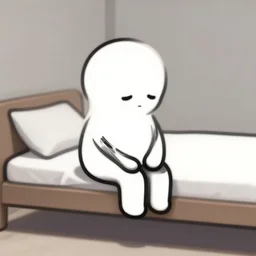 sad cartoon character sitting on the edge of a bed, minimalistic drawing, digital art, unreal engine, 8 k resolution