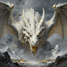 adult white dragon head, muscular, massive wings, close up, greg rutkowski, drark, marvel comics, dark, plutus su, chris scalf, lucas graciano, billy christian, symmetrical, snowy mountains, small city, grey and gold color palette, painting, d & d, fantasy, storm clouds