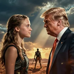 greta thunberg and donald trump, still from a new mad max movie