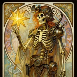 a steampunk skeleton holding a star, tarot art, painting by greg rutkowski, alphonse mucha