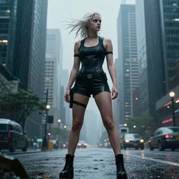 blade runner 2 0 4 9, amazing emma watson with white hair blowing in the wind, very hot, rain, sci - fi japanese girl on the city, skyscrapers, cute face, athletic body, full body view, amazing art, fantasy art, highly detailed