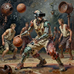 junky playing basketball, cybertronic gadgets and vr helmet, flesh + technology, durty colours, rotten textures, rusty shapes, biotechnology, norman rockwell, tim hildebrandt, viktor safonkin, dariusz zawadzki, bruce pennington, larry elmore, intricate details, hyperrealistic oil painting on canvas, deep depth field
