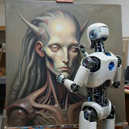 robot artist painting a self - portrait on a canvas. intricate, highly detailed, digital matte painting in the style of gil elvgren and in the style of h. r. giger. irony, recursion, inspiration.
