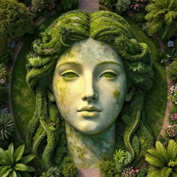 an aerial view beautiful garden forming the face of a beautiful goddess, hyperrealism, 8 k, octane render, dramatic lighting, trending on artstation
