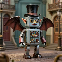 full - length portrait of a tin toy robot goblin with bat wings wearing a top hat, nicoletta ceccoli, mark ryden, lostfish, max fleischer, depth of field, detailed and intricate victorian london environment, 8 k resolution, hyperrealistic, octane render