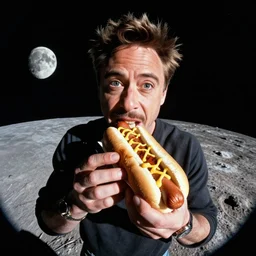 robert downey jr eating a hot dog on the moon, dynamic lighting, gopro selfie with a fisheye lense