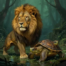 lion and turtle hybrid, turtle shell, cinematic lighting, swamp, greg rutkowski, artgerm, wlop, artstation, beeple