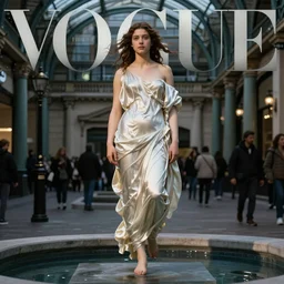 a realistic photo of a young girl like Venere of Botticelli in style of Vogue Magazine, total body draped in silk, floating in London Covent Garden, dramatic outdoor cinematic lighting, volumetric light, hyper realistic, hyper detailed