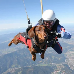 brown dauchshund skydiving in a jumpsuit