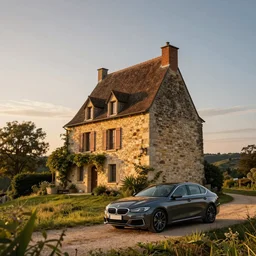 award winning photo of an ultra detailed high quality!! an old little house on the hill in the dordogne in france, beautiful sunset. summer. highly detailed, highly intricate, depth of field, trending on top gear, full car body, wide angle lens