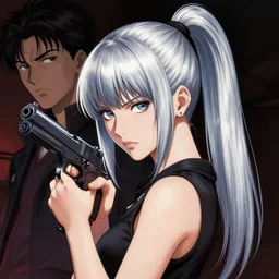 girl silver ponytail hair with NODS, holding a gun, illustration by Yoji Shinkawa and Krenz Cushart, cinematic portrait