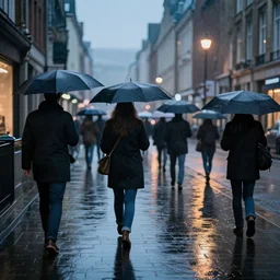 brussels under rain, people with umbrella, evening, wet paved road, hyperdetailed, artstation, cgsociety, 8 k