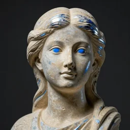 statue of a perfect woman, sandstone, silver, blue steel, soft!!, warm blue eyes ( desgined by apple ), studio photo, octane render, studio lights, macro lens