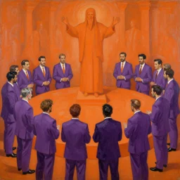an expressionistic painting of 40 men in purple suits worshipping an orange