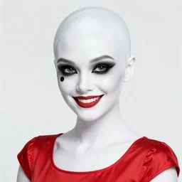 in the style of Phil Noto, Pale skin Domino marvel comics, black spot over left eye, wearing a red dress, smile