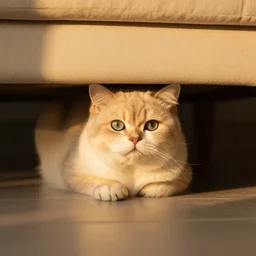 photo of shy chunky!!, fluffy!!, kitten hiding under the couch, sharp focus, golden hour, f 1. 4