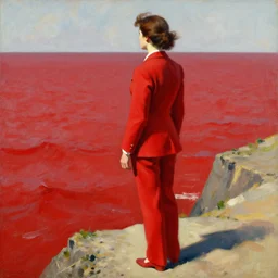 an attractive female in a red suit standing on a cliff, looking out at a red ocean, jc leyendecker!! phil hale!, angular, brush strokes, painterly, vintage, crisp